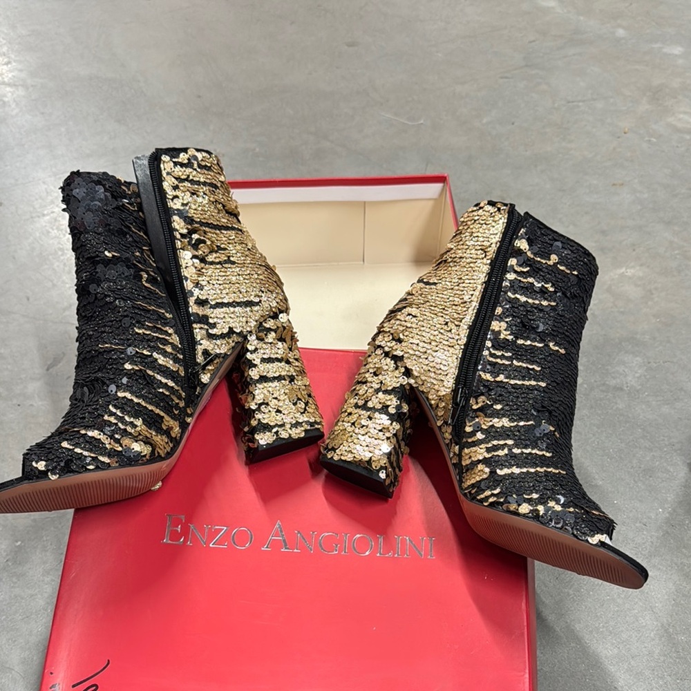 Enzo Angiolini Black and Gold Sequin Heeled Boots